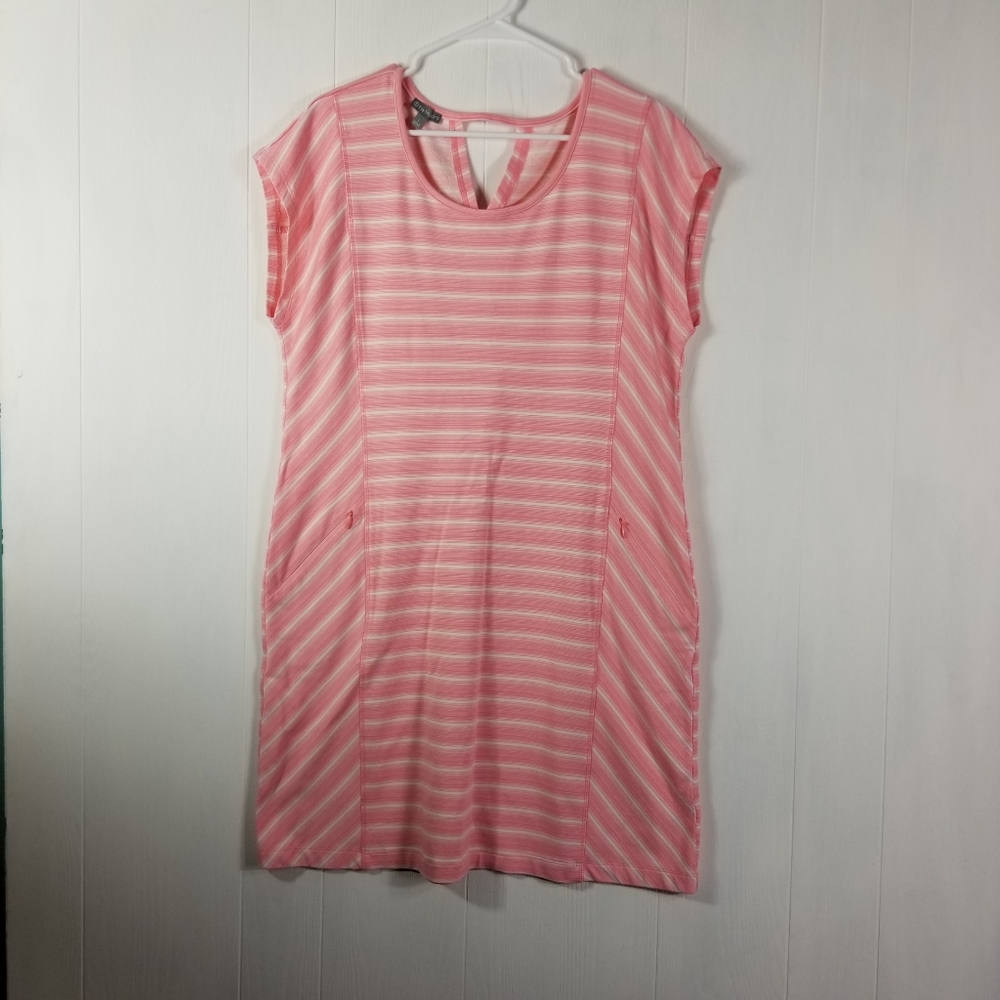 Pink and white stripe dress with zipper pockets Sz L in EUC